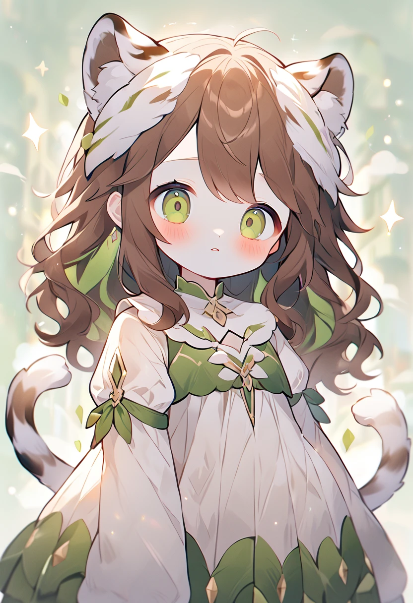 Soft woman, messy wavy brown hair, side bangs, olhos verdes suaves, white tiger ears on head, white tiger tail, soft expression, cute and soft looking fantasy clothes.