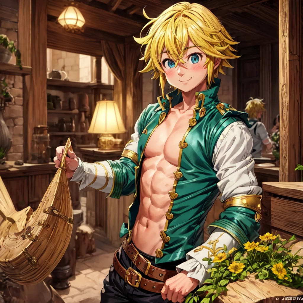 masterpiece, best quality, ultra-detailed, illustration, 1boy, solo, male focus, looking at viewer, upper body, , meliodas_nanatsu_no_taizai, blonde hair, blu eyes, jacketBlue eyes, Blonde Hair, without a shirtBlush, Smile, 