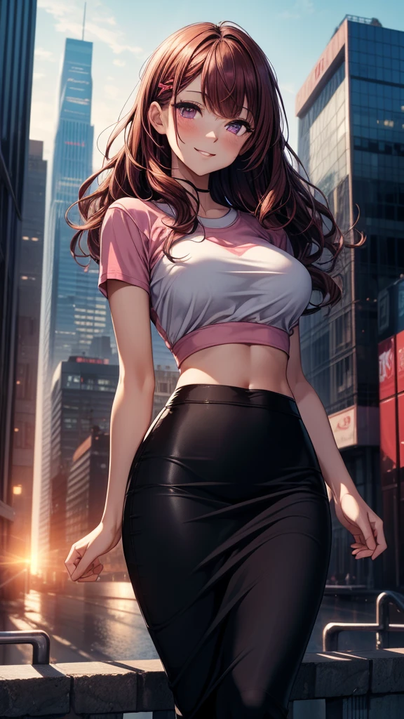 Hot Anime girl , black shirt , pink short skirt , standing position , open shirt two battans