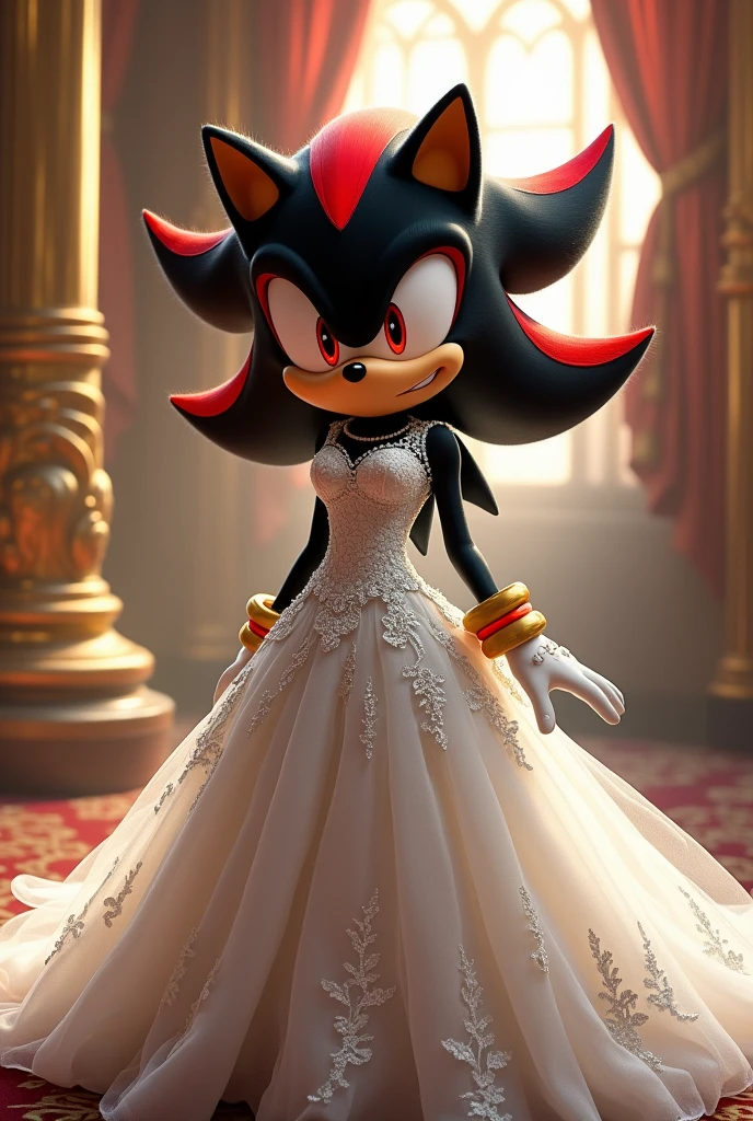 shadina the hedgehog black fur jet red streaks nice body reddish eyes tender pretty beautiful wearing dress female character of shadow the hedgehog