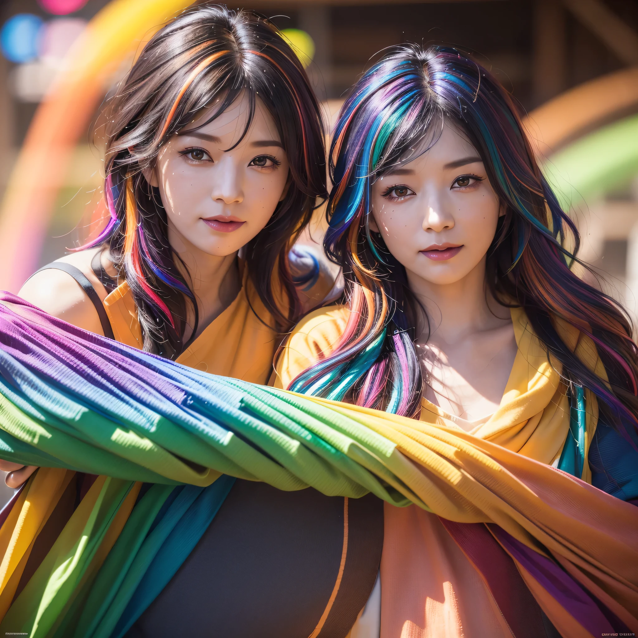 {{masterpiece}}, highest quality, Highly detailed CG Unity 8K wallpaper, cinematic lighting, Lens flare, beautiful detailed eyes, black, side line, multi-colored hair, colorful light, particle, heterochromia, (colorful:1.5), (colorful hair:1.5),
