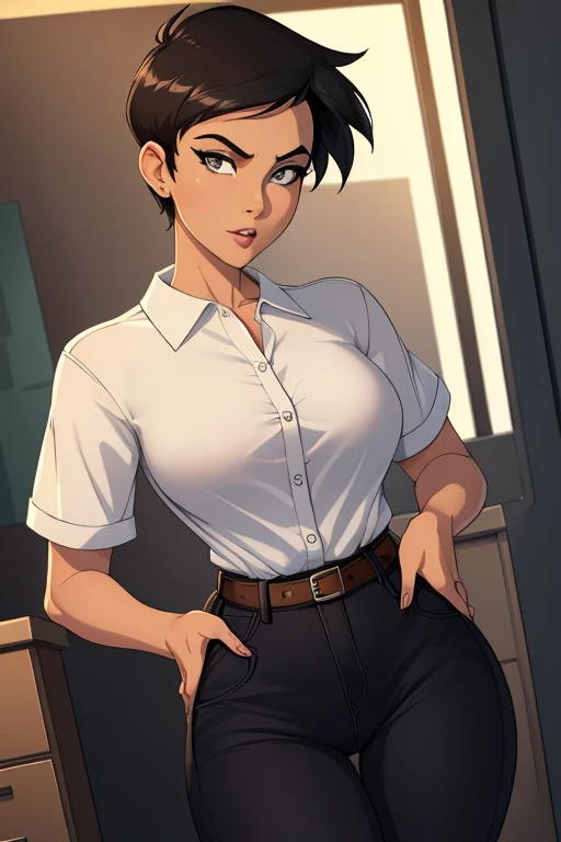 ((ultra quality)), ((masterpiece)), Lois Lane, short stature, ((black short hair tomboy hairstyle)), (Beautiful face), (beautiful female lips), (), charming, ((sexy facial expression)), looks at the camera, eyes slightly open, (light skin color), (light skin), glare on the body, ((detailed beautiful female eyes)), ((grey eyes)), (juicy female lips), (dark makeup, dark eyeliner, dark lipstick), (beautiful female hands), ((ideal female figure)), ideal female body, beautiful waist, gorgeous thighs, beautiful small breasts, ((subtle and beautiful)), sexy worth (), (White shirt, Black jeans) background: office, ((depth of field)), ((high quality clear image)), (clear details), ((high detail)), realistically, professional photo session, ((Clear Focus)), anime