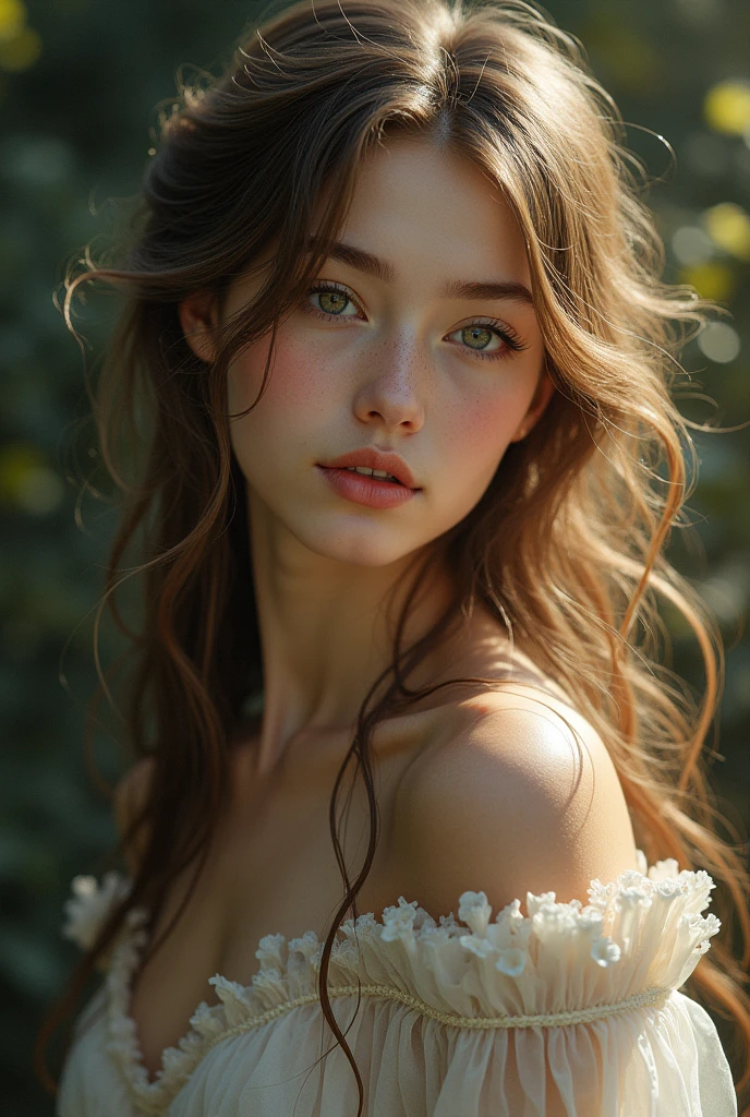 photorealistic art of woman bright blue eyes, in the eyes reflected fantasy garden at sunset, hdr, high quality