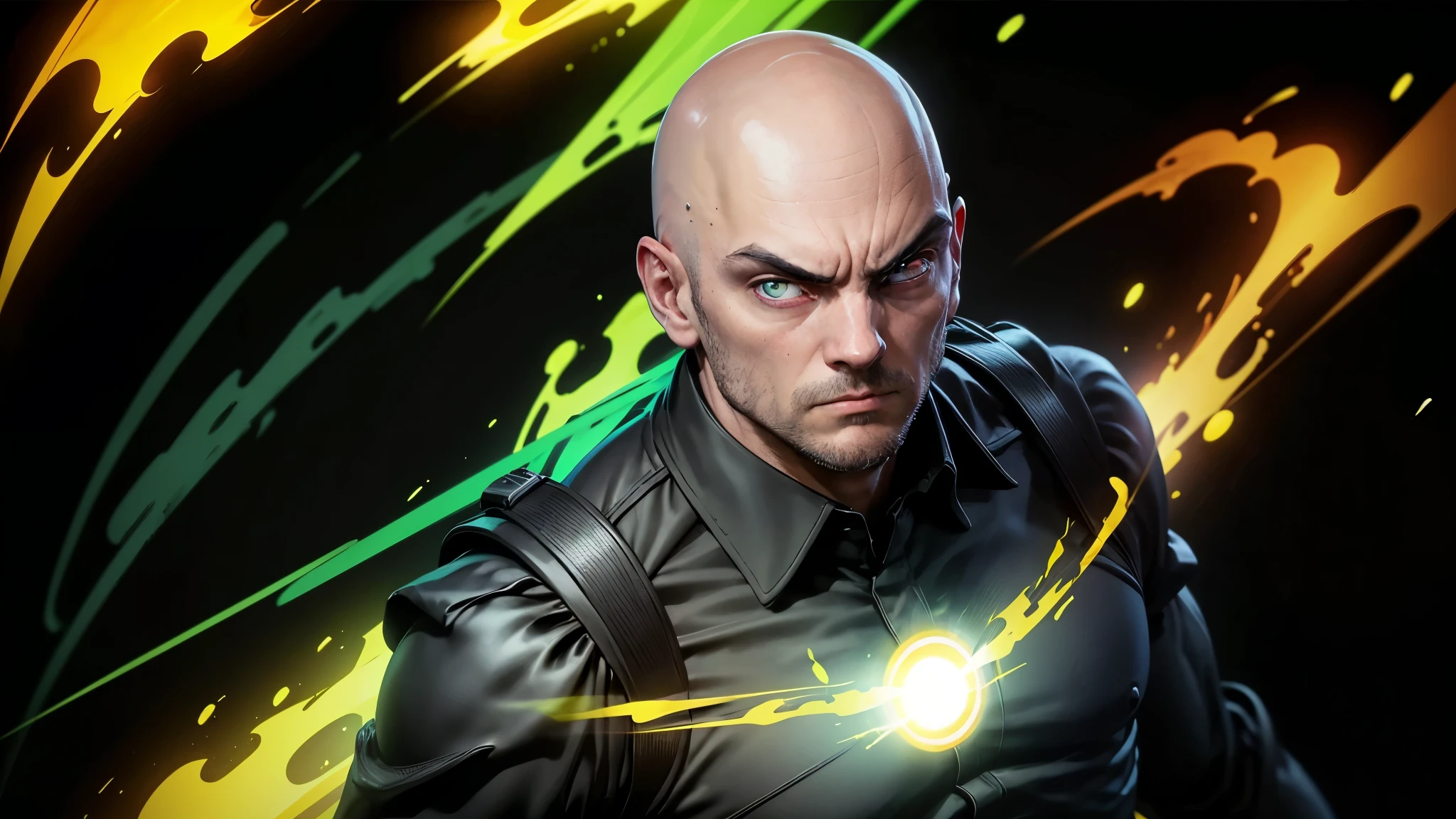 Full body, bald man, 30yo, black suit, Expression of fear in front of a green and yellow beam of light, digital art, vibrant colors, judge, flaming red eyes, high quality, high definition, cartoon style, caricature