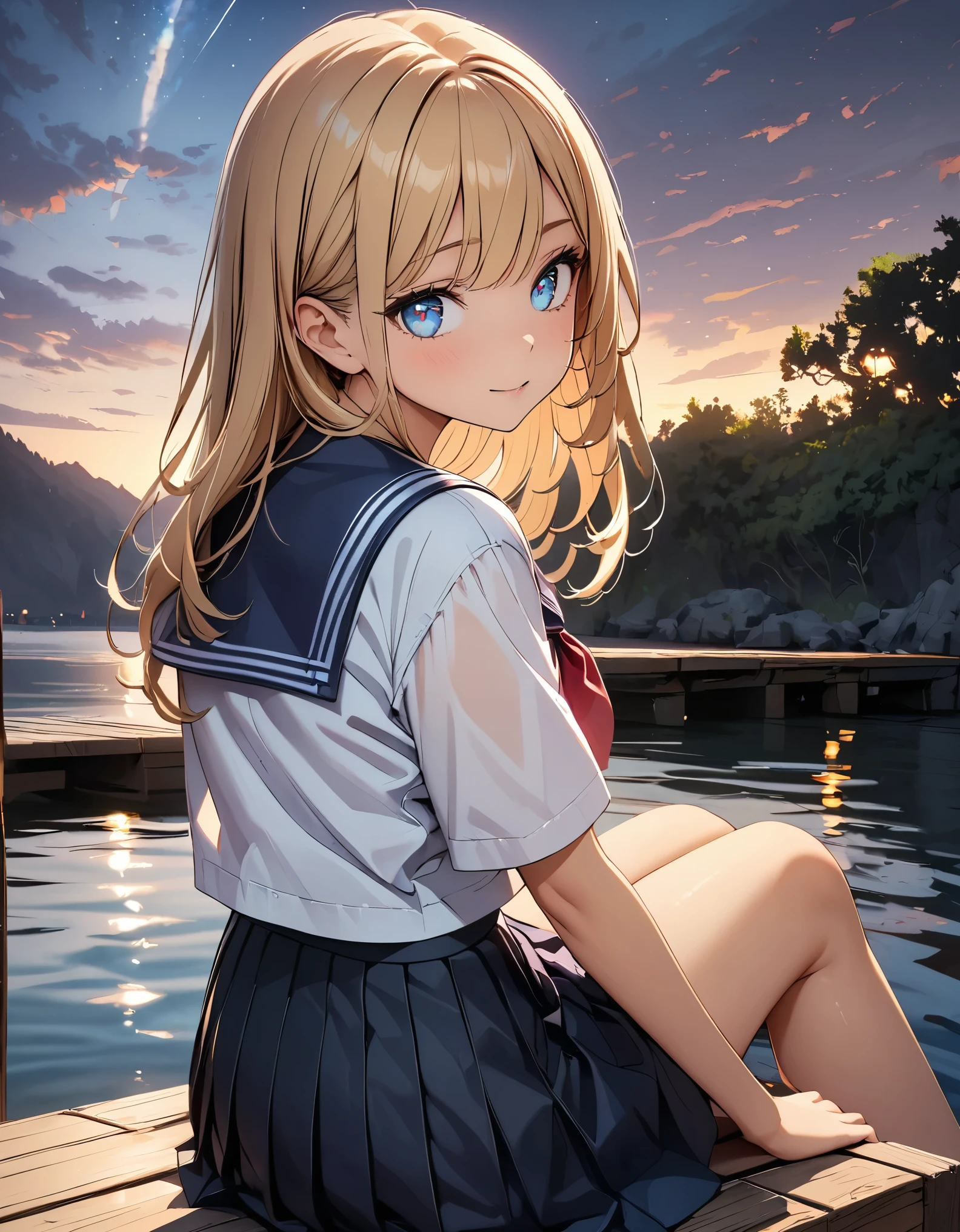 ((masterpiece)), (best quality), official art, pixel-perfect, detail-perfect,
1girl, lily someya, school uniform, white shirt, necklace, barefoot, Size C breasts,
blush, cowboy shot,
ocean, night, (chibi:1.3),
<lora:lily-jknomuda:0.7>