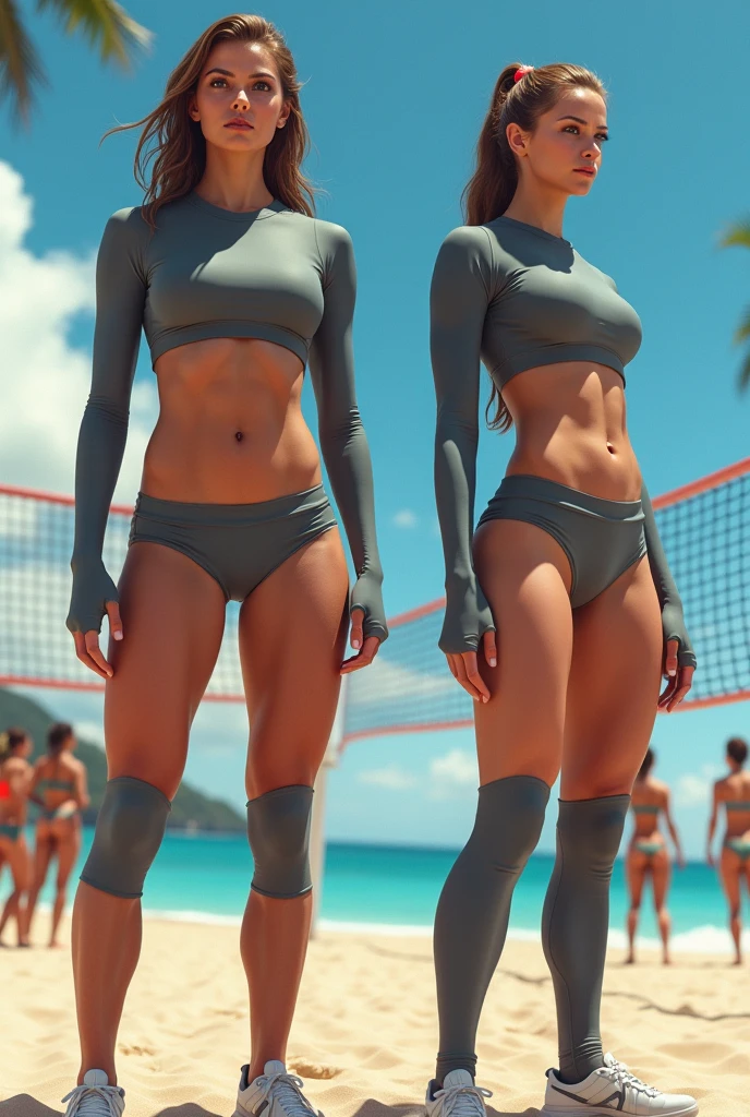 Spanish women's beach volleyball team, photorealistic, photography, cameltoe, bikini, beach, ball, --auto