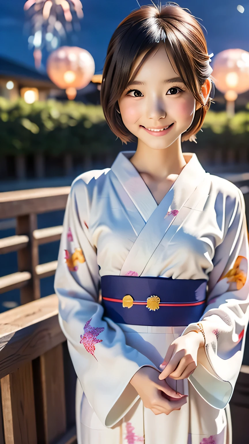 （Japanese girl), Complete Hand,Cute Face, Complete Hand,(Deeply chiseled face:0.7), (freckles:0.6), Soft Light,Healthy white skin,whole body, shy, (Serious face), thin, smile, ,Shy expression,,Bobcut,(Flat Chest,), (Sparkling eyes), thin, smile, (((Cross-eyes Yukata Yukata))),((whole body,middle School girls)),Behind you(((firework,Night Sky))),She rolled up her skirt to reveal her panties
