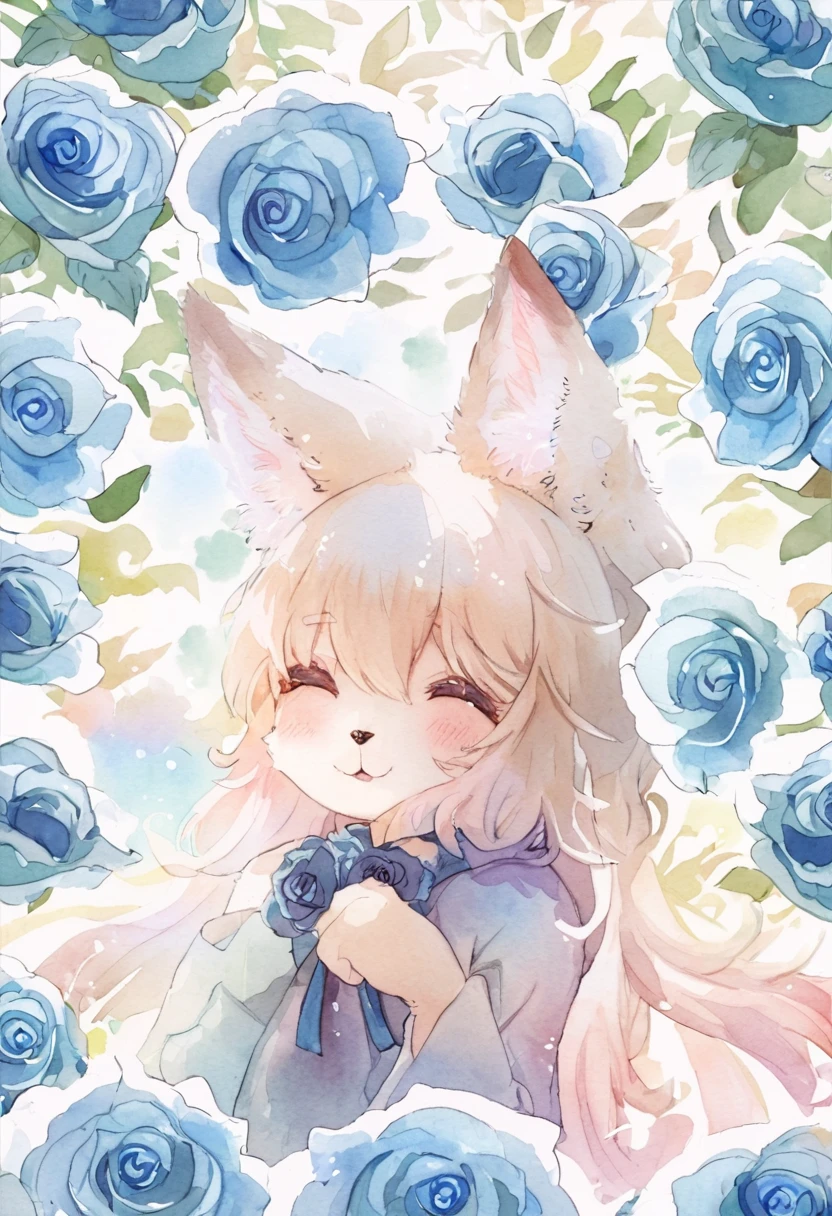 Watercolor elements, 1girl, kemono, furry, detailed body fur, animal face, animal hand, unfocused spread of Blue Rose, 