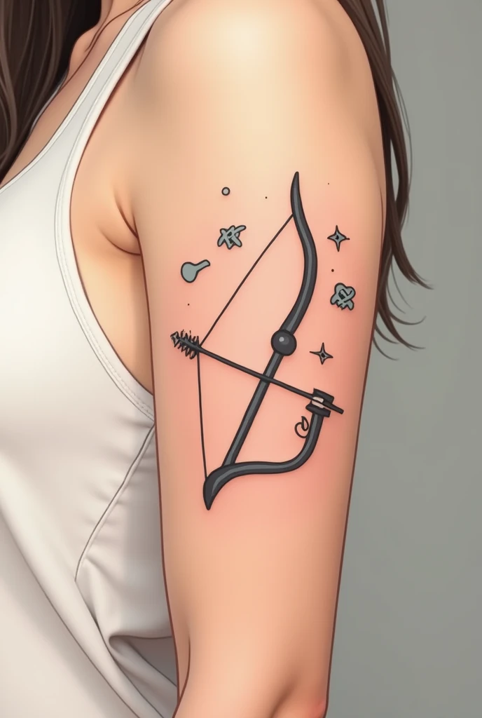 (minimalist tattoo), Aphrodite close up aiming war bow and arrows to the front and Sagittarius in the background 