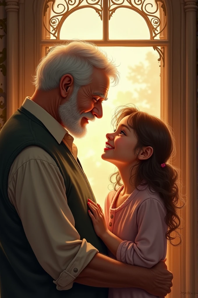 a loving father, Father's Day, father and daughter, heartwarming moment, paternal bond, ultra-detailed masterpiece (1.2, 8k highres), photorealistic, realistic, warm lighting, soft focus, beautiful colors, vibrant hues, tender mood, sentimental, cinematic – this image captures a tender embrace between a loving father and his daughter during golden hour. The father's gentle smile, tenderly holding his daughter's hand, emanates a heartfelt emotion as they share a beautiful family portrait. The warm lighting filters through the soft focus, bathing the picture in a loving relationship that radiates a palpable paternal bond