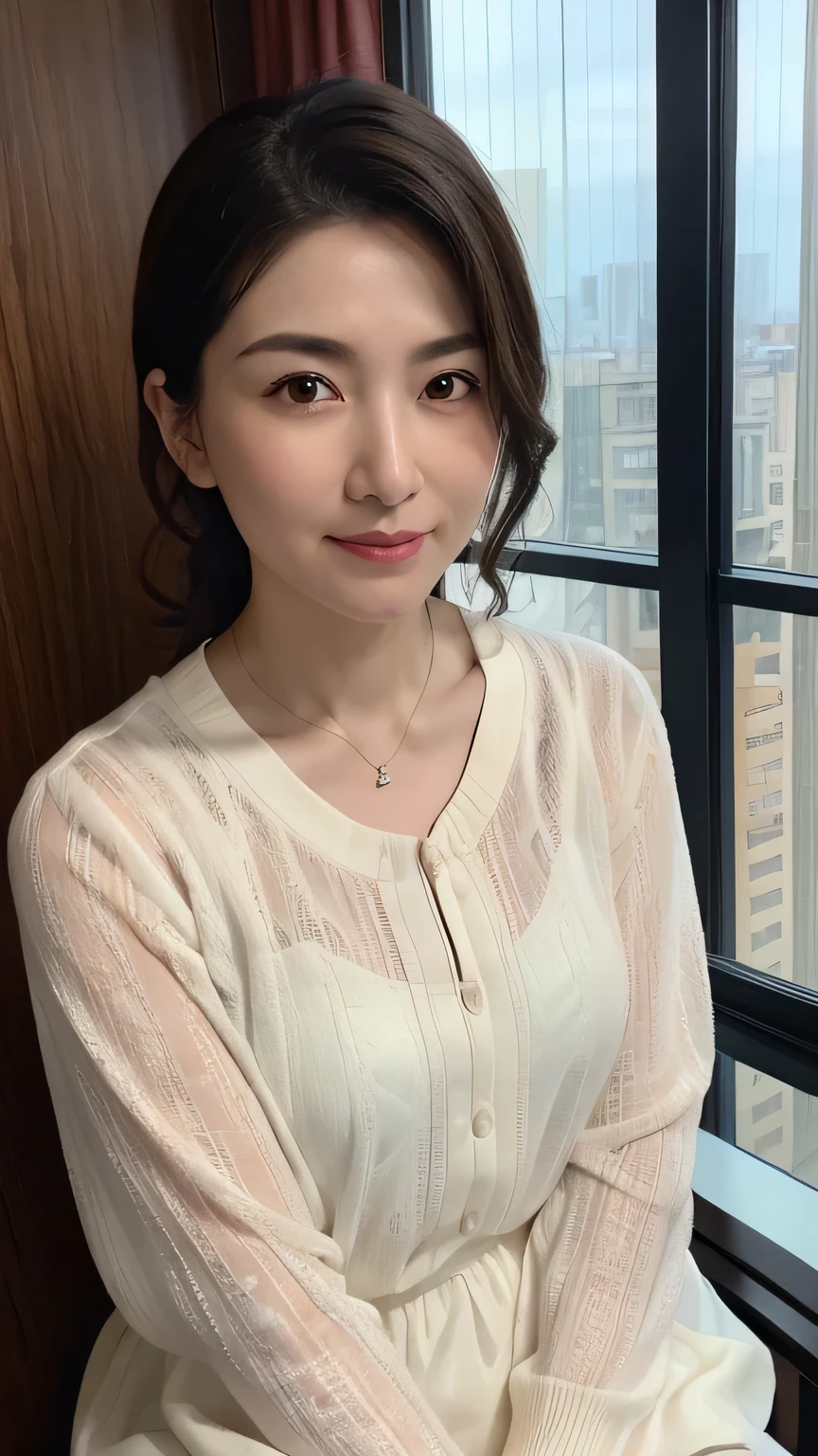 A close up of a woman sitting in front of a window - SeaArt AI
