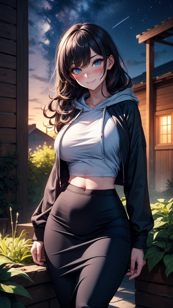 highest quality、complete limbs、Beautiful woman、solo、((brown haired woman:1.4))、((Woman with long straight hair))、(big breasted woman:1.3)、(Woman wearing a white hoodie:1.3)、(((Woman in black shorts)))、smile、garden、Clear skies、Woman taking a walk、squirt