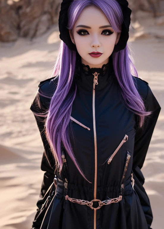 ((sand漠, sand, sand丘, Refraction effect, sun)), (masterpiece, Highest quality), (One girl), (alone), ((Portraiture)), Perfect Face, ((Heterochromia iridis, Blonde and purple hair, ((Red long parka)), Gothic unnecessary belts are everywhere, Mole under the eye)), the background is a beautiful sand漠 with cactus, Tumbleweed, Cinematic Light, sunny day, Dramatic lighting, Super detailed, 8k, watercolor, Dainty, delicate (Gothic Lace, Gothic Rose, Goth aesthetic)