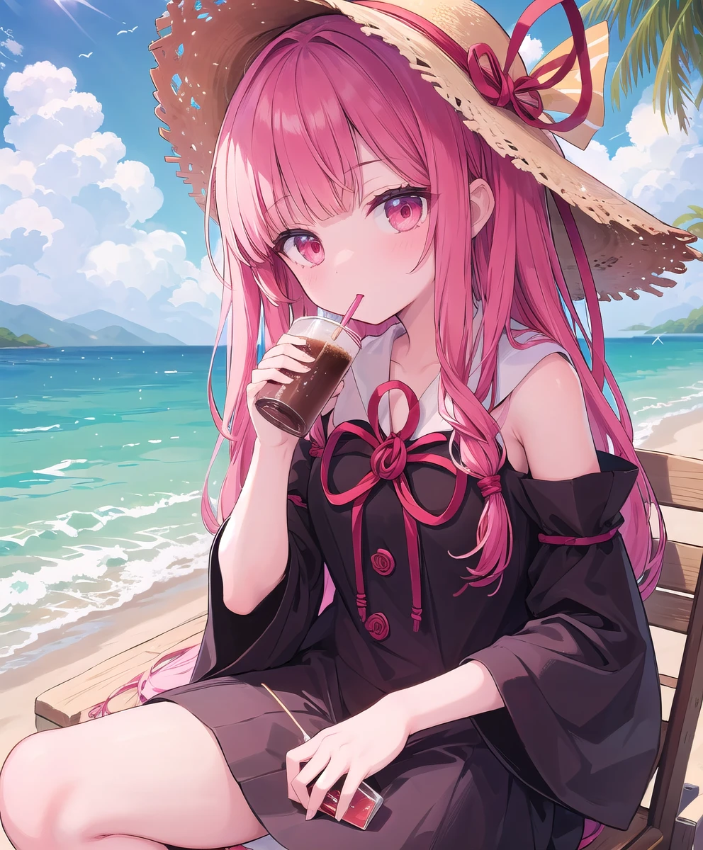 (masterpiece, Highest quality:1.2), One personで, One person,Kotonoha Akane,(Hair Ribbon;1.2),Perfect composition,drinking tropical drink coffee with astraw in hand,beach:1.3,wearing black  a light summerdress:1.3,Straw hat,Detailed Hair, Removable sleeves, Wide sleeves, Expose your shoulders