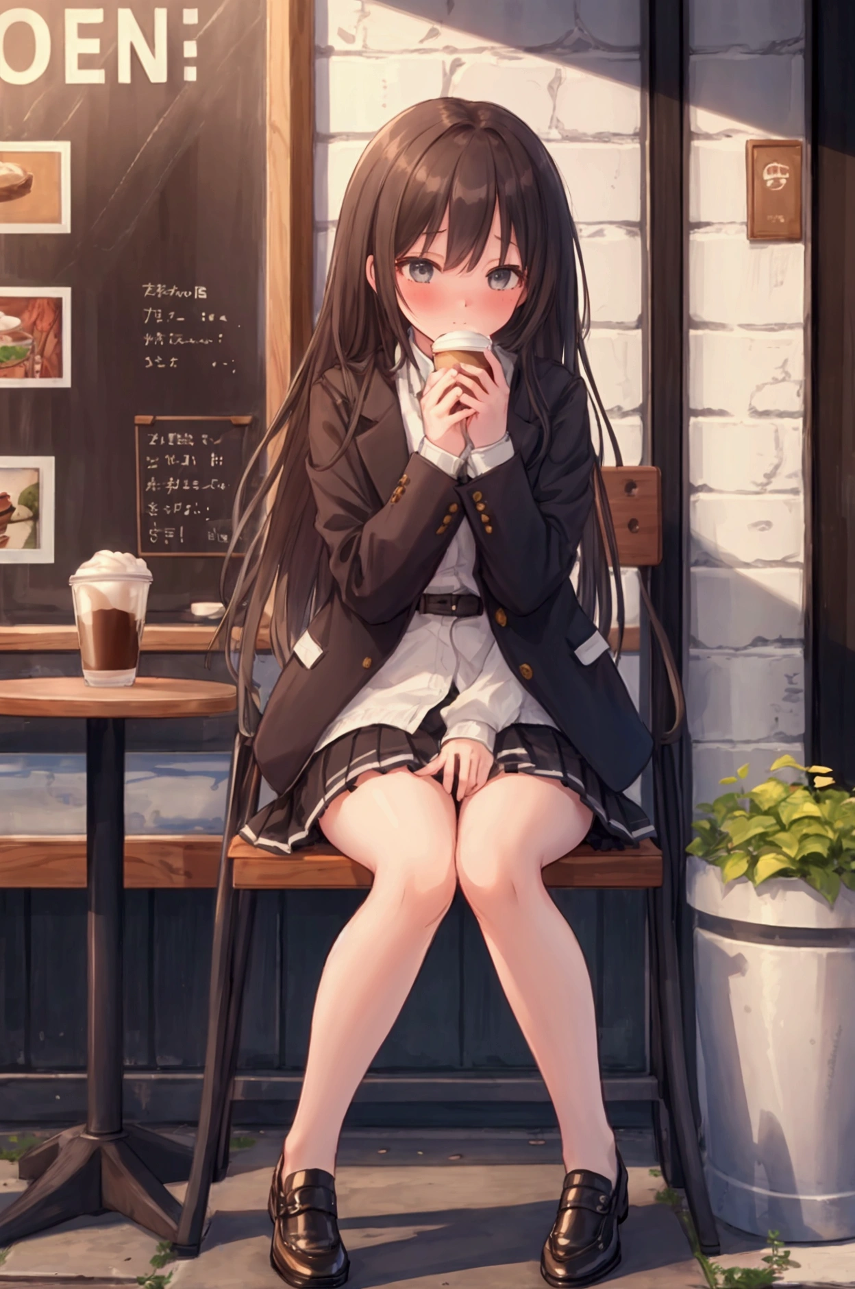 1 girl , eating hamburger, character focus, close to viewer, cowboy shot, from below, sitting on road, knees up , Street fashion, (((panty shot))) , black long hair, background street ,high resolution,(incredibly absurdres),anime visual,extremely detailed CG unity 8k wallpaper, ((masterpiece)), ((top-quality)), (beautiful illustration), ((an extremely delicate and beautiful))