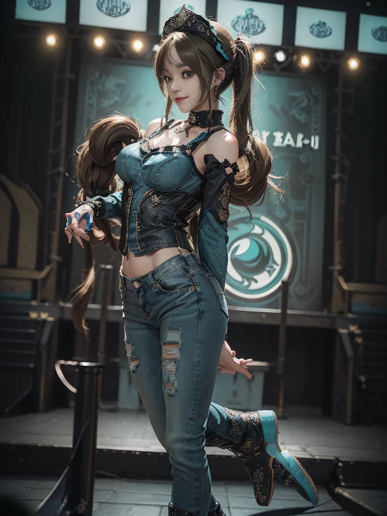 (Full Body View:1.3)、(Side view:1.2)、(Smiling with teeth showing:1.4),(Shibuya Gal:1.5)、(Gothic Lolita style fashion:1.5)、(Punk RockVisual Kei:1.5)、(Wearing a rhythmic gymnastics bodysuit with intricate details:1.4)、(Racing suit and pants with intricate turquoise, denim and charcoal decorations:1.5)、(Denim and light blue and turquoise boots:1.3)、((belt))、(Numerous delicate logo marks all over the costume:1.4)、(collar:1.3)、(Polka dot underwear:1.5)、20-year-old、NSFW、((Highest quality、In 8K、masterpiece:1.3))、Sharp focus:1.2、(Layered Cut、Huge boobs:1.1),Beautiful woman with perfect figure:1.4、(Doing a ballerina pose:1.3)、Slender Abs:1.2、Highly detailed face and skin texture、Detailed eyes、double eyelid,(Twin tails:1.3)、(Brown-golden hair:1.3)、Gravure idol、(The background is the stage of the fashion show:1.3)、(Slim Body:1.3),(Make your legs thinner:1.4),(clavicle:1.1)