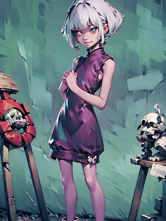 (masterpiece), (High resolution), (Full body portrait), （cyber punk）、Black bowl cut、Sleeveless skull print dress、 Dark atmosphere, Flat Illustration, Creepy Appearance, Characteristic hairstyle, creative accessories, Unique atmosphere,A Little Nightmare、holding a pistol in both hands