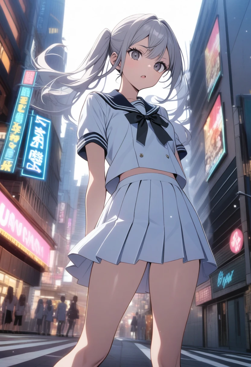 hight resolution, top-quality, ultra-quality, The ultra-detailliert, lighting like a movie、High school girl running with bread、Residential area、White sailor suit、Sheer nipples、Wearing sweat、full of sweat、