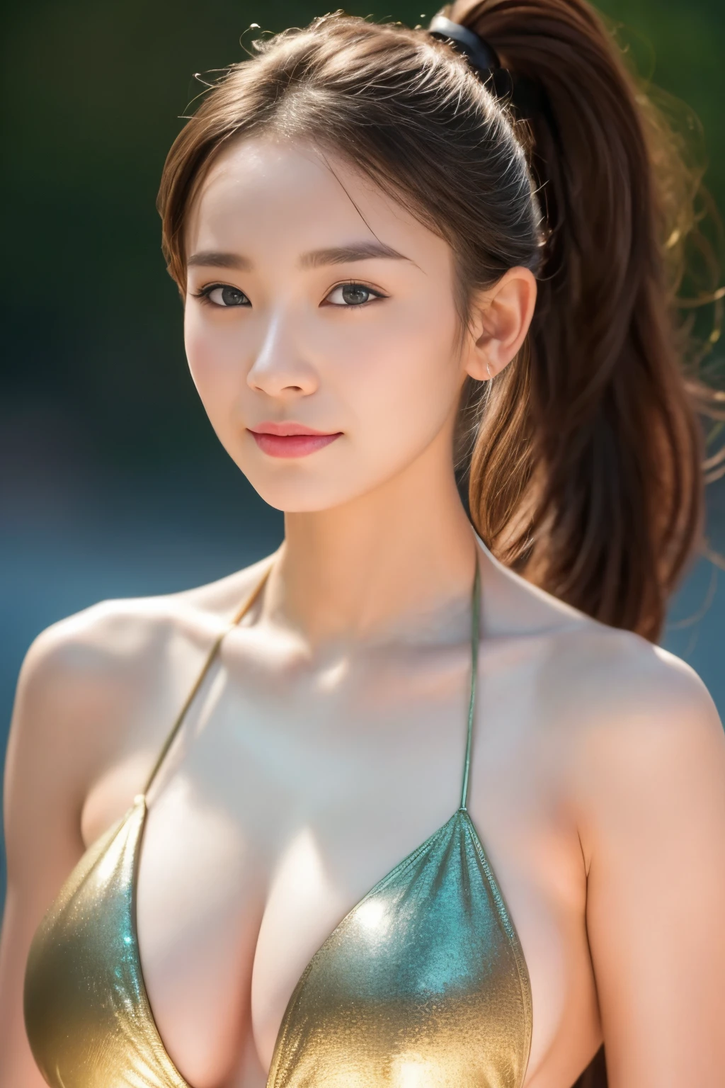 Stunningly beautiful female athletes, One piece swimsuit,(Metallic Micro Bikini Swimsuit:1.2), Chic muscular body:1.4,(Highest quality、8k、32K、masterpiece、Hmph:1.3),(Photorealistic:1.4),(Ultra-high resolution),(超リアルな8kCG),RAW Photos, Half Body Shot, Beautiful shadow gradation, huge , Perfect lighting, Beautiful and well-groomed face, Beautiful Eyes, Detailed lips, double eyelid,Accentuate the cleavage, latex,ponytail