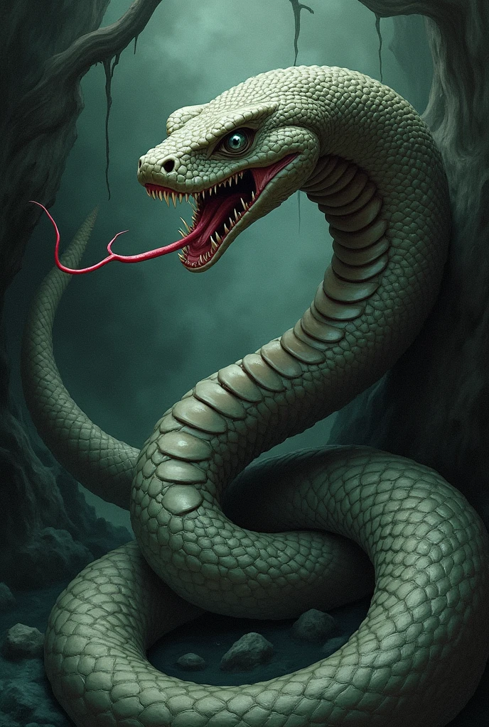 A large, coiled snake with detailed scales, piercing yellow eyes, a long forked tongue, (best quality,4k,8k,highres,masterpiece:1.2),ultra-detailed,(realistic,photorealistic,photo-realistic:1.37),HDR,UHD,studio lighting,ultra-fine painting,sharp focus,physically-based rendering,extreme detail description,professional,vivid colors,bokeh,realistic reptile, slithering motion, dramatic lighting, moody atmosphere, natural environment