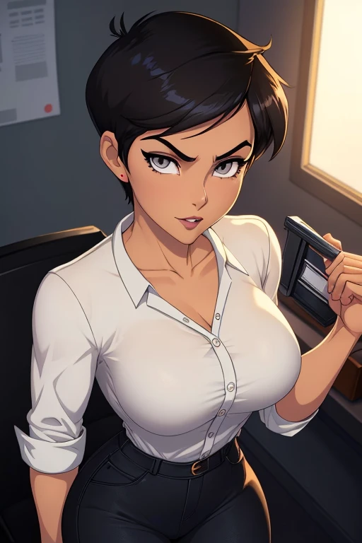 ((ultra quality)), ((masterpiece)), Lois Lane, short stature, ((black short hair tomboy hairstyle)), (Beautiful face), (beautiful female lips), (), charming, ((sexy facial expression)), looks at the camera, eyes slightly open, (light skin color), (light skin), glare on the body, ((detailed beautiful female eyes)), ((grey eyes)), (juicy female lips), (dark makeup, dark eyeliner, dark lipstick), (beautiful female hands), ((ideal female figure)), ideal female body, beautiful waist, gorgeous thighs, beautiful small breasts, ((subtle and beautiful)), sexy worth (), (White shirt, Black jeans) background: office, ((depth of field)), ((high quality clear image)), (clear details), ((high detail)), realistically, professional photo session, ((Clear Focus)), anime