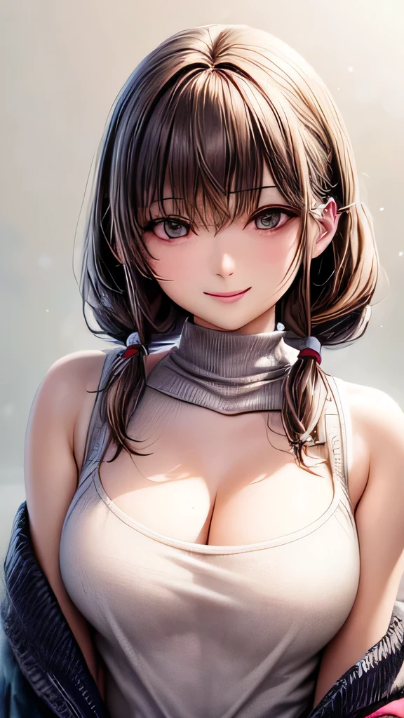 (masterpiece:1.3), (8k, Photorealistic, RAW Photos, Best image quality: 1.4), Japanese schoolgirl、(Random Hairstyles:1.2)、Cleavage:1.2、Super detailed face、Attention to detail、double eyelid、Put your chest together、Sharp focus:1.2、Beautiful woman:1.4、Light brown hair、Highest quality、masterpiece、Ultra-high resolution、(Photorealistic:1.4)、Highly detailed and professionally lit smile、Loose, lightweight knitwear、Shoulder out、thin、A happy smile,downblouse,