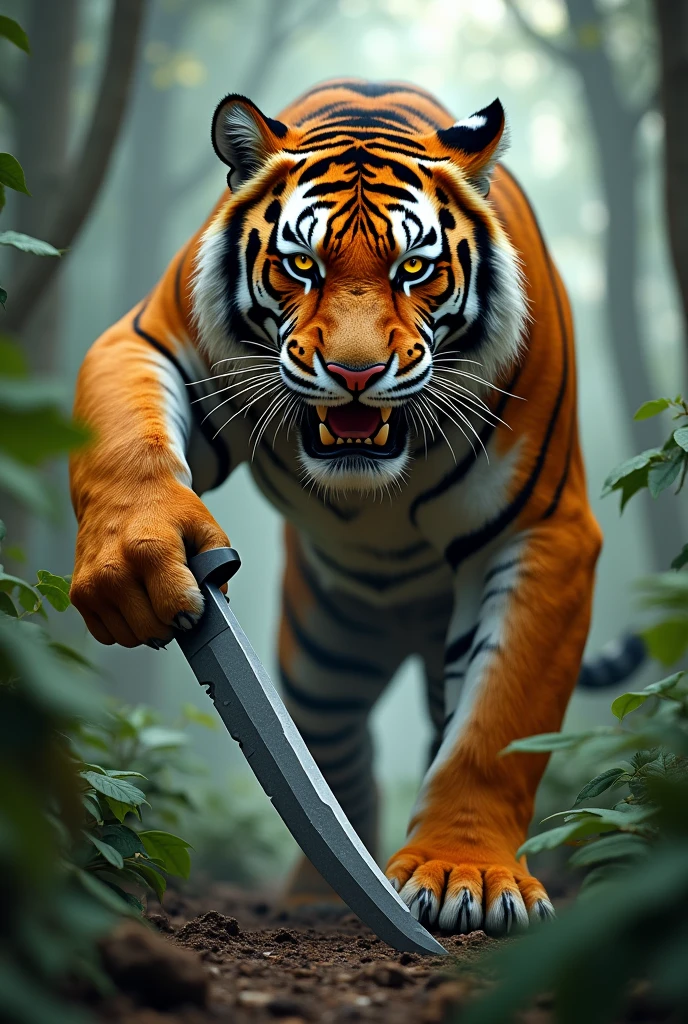 Tiger chops his own long tail with an axe