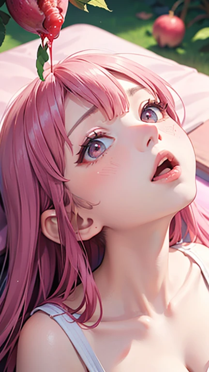 Beautiful girl opens her mouth wide and gives a blowjob to a pomegranate、Pink liquid drips from the mouth、Pink liquid accumulates in the chest、(Looking into the camera、look up:1.5)、