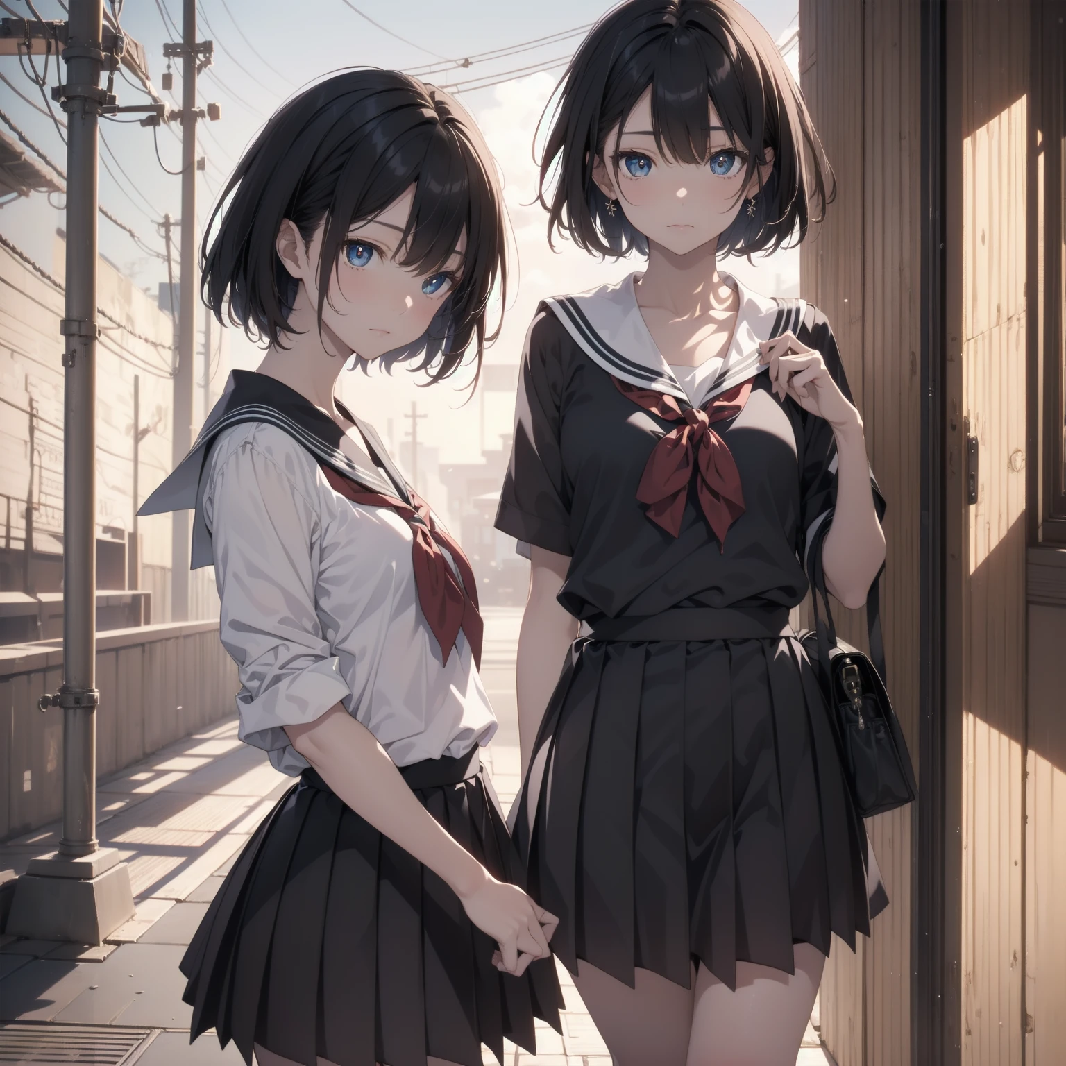 ultra-absurdres-Top quality by artist God, ultra-detailed, high resolution, anime moe artstyle, best anime 8k konachan wallpaper, pixiv contest winner, pool:2810, perfect anatomy,break, 1girl, (Please draw a girl walking sleepily to school alone. )break,(Solo,little female, 13-year-old:1.3),Full limbs, complete fingers,a junior high school student, (very short hair), short cut, flat chest, , small butt, small black eyes, beautiful detailed eyes, well-proportioned iris and pupils, expressive eyes, highres detailed hair, soft expression, salor school_uniform, sailor collar, serahuku, bow, pleated skirt,(Detailed Lighting), (Detailed background), in the School commute route. break,super detailed skin, Best cinematic lighting powered by famous artist, 8k,beauty illustration,photoshop_(medium),very aesthetic,break,((artist:rappa_(rappaya) )), artist:clamp ,artist:carnelian ,artist:kantoku ,