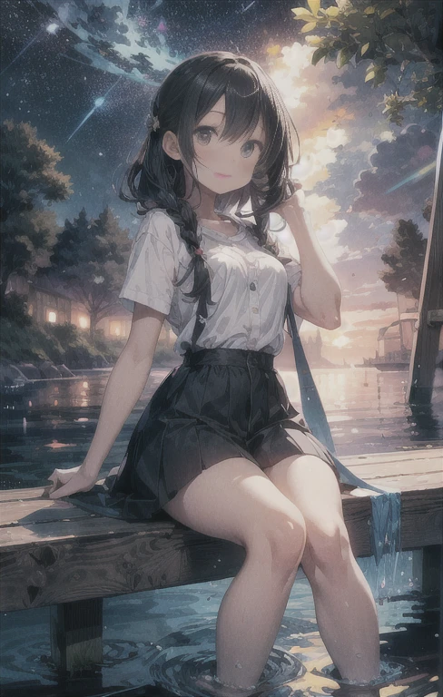 20 year old anime girl having sex, Short, dark blue hair that reaches the shoulders, Serious yet gentle expression, bright light blue eyes. She wears antique-style clothes., She is wearing a knee-length dark blue long skirt., Small dark brown boots that reach up to the ankles. Her white blouse has long sleeves, Hide your fingers a little, Falling off one shoulder, Leave it exposed. She has the power of water、Has a water-themed background. 