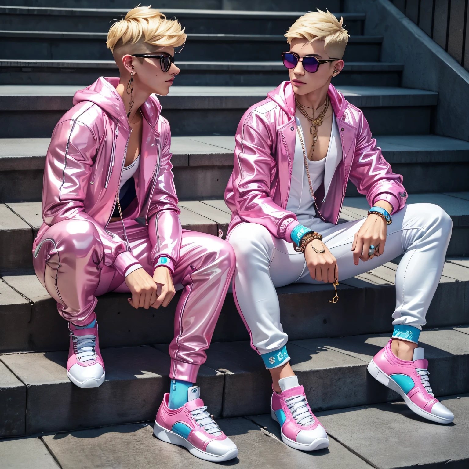 full view full body, 2 white european cute fashion boys with short undercut platinum gold blonde fashion haircut, muscular, artificially tanned, wearing pink and blue latex jumpsuit that says “I like boys”, Balenciaga triple s pink chunky sneakers, white latex shiny socks, fashion tiny bags, dozens of fashion rings, bracelets, necklaces and piercings rings, huge nose piercings , Their nose piercing rings are connected by a chain. loving together, bulges are touching, sprawled out on stairs front very preppy style College exit, watching luxurious smartphone . highly detailed shoes, socks,faces, clothing 