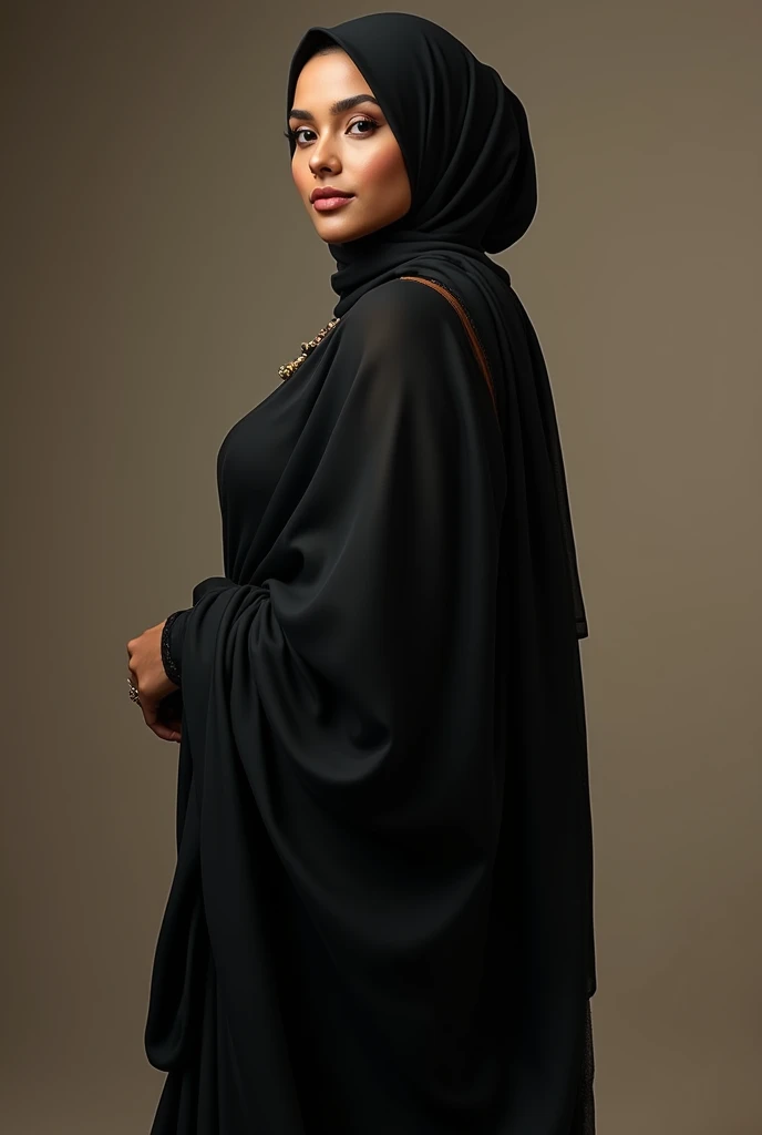 Hood and Veil Covering the Face: The centerpiece is a hood that completely envelops the face, revelando apenas os olhos. A subtle veil, adorned with spider web-inspired patterns, cobre a parte inferior do rosto, creating an air of mystery.
Long and Wide Jumpsuit: A long, roomy jumpsuit, made from a soft, fluid fabric in a dark tone, cobre todo o corpo, providing a slim and enigmatic silhouette. The design is minimalist, com poucos detalhes para manter a sobriedade.
Mangas Longas e Largas: Long, wide sleeves fall elegantly from the shoulders to the wrists, adding a dramatic touch to the outfit. Detalhes em teia de aranha, discretos e escurecidos, are incorporated into the sleeves.
Palazzo Pants with Web Details: Wide palazzo pants, que cobrem as pernas completamente, add an element of austere sophistication. Details in spider web patterns are present on the sides, trazendo uma subtil complexidade ao visual.
Botas Longas com Detalhes Minimalistas: Botas longas, combinando com o tom da roupa, adicionam uma continuidade ao conjunto. Detalhes minimalistas e sutis, such as dark zips or small references to the spider's anatomy, are incorporated.
Luvas Longas com Dedos Cobertos: Luvas longas, cobrindo completamente os dedos, complementam o visual, maintaining the austere and less sensual aesthetic. Spider web details are discreetly embroidered on the back of the hands.
Cinto Largo e Simples: Um cinto largo, simples e escuro, highlights the waist without attracting too much attention. It provides a touch of austerity to clothes.
Dramatic and Elegant Makeup: Makeup highlights the eyes in an intense and dramatic way, com sombras escuras e delineador, enhancing the mysterious atmosphere.
O "Arachnid Tenebrous Veil" is a play that involves the person in a dark mystery, prioritizing an austere and less sensual aesthetic, while still maintaining the intrinsic inspiration in spiders. This outfit is an example of enigmatic elegance, projetada para transmitir u
