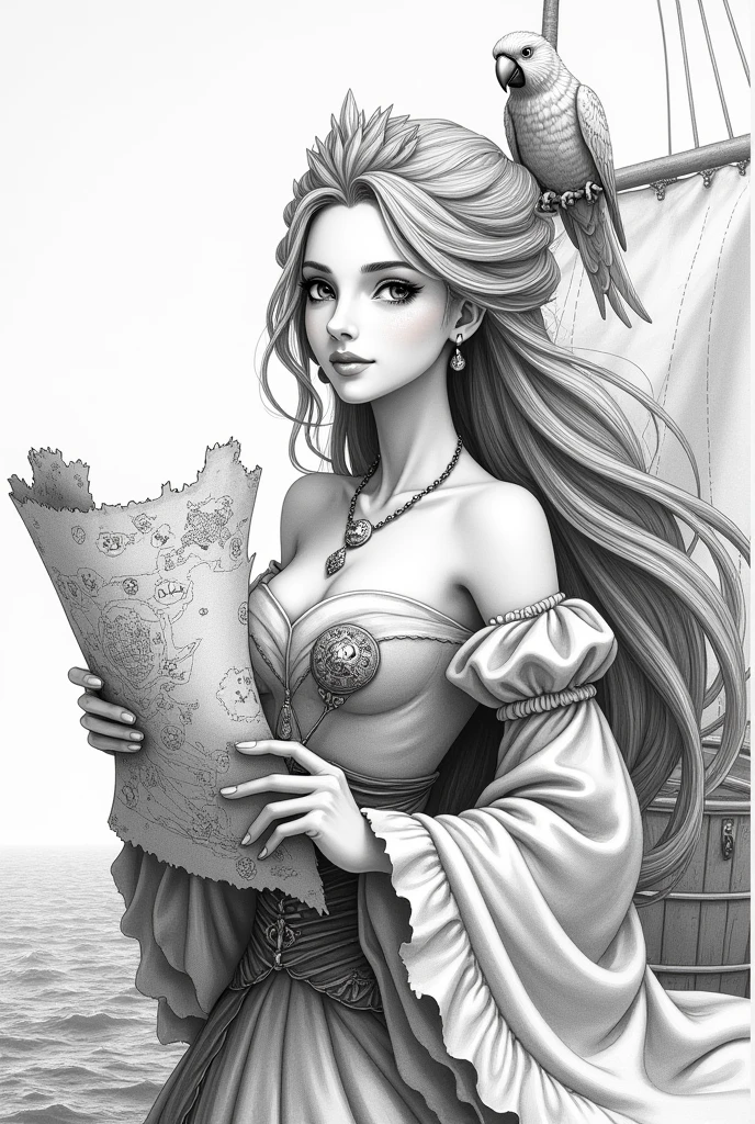 black and white, line art, coloring drawing of of beautiful sensual nude and erotic woman with massive breasts. The breasts are not covered by anything. huge breasts、 woman stand face to the camera and have both hands hide behind back. Woman is beautiful princes in stockings and corset. Full body view. very long blond hair. in background big castle on high mountain. Around high old trees. High detailed. 8k, sharp, movie style, ,white background, thick outlines, diffused light
