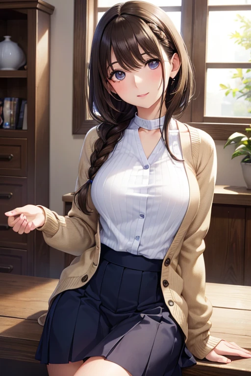 (Highest quality, High resolution, Masterpiece, 4K), (Soft light、Luster of hair、Beautiful eyes)、young woman、The whole body is visible、Adorable smile、 ((Wavy medium short hair, bangs, Chestnut Hair)), ((Wistful eyes、Gray Eyes, Perfect Eyes)), ((Detailed face, blush:1.1)), ((Smooth texture:0.75, Realistic texture:0.65, Realistic:1.1, Anime CG Style)),Medium chest、Dynamic Angle、A body with just the right amount of flesh、(Sexy thighs、I see beautiful legs)、(Purple cardigan、Checkered Skirt)、Earrings、Angle from the front、Peeking into this、The hem of the top is visible、Angle from below、Meeting up for a date、Office Desk、Room with curtains、Dark Wallpaper、Dreamy eyes++