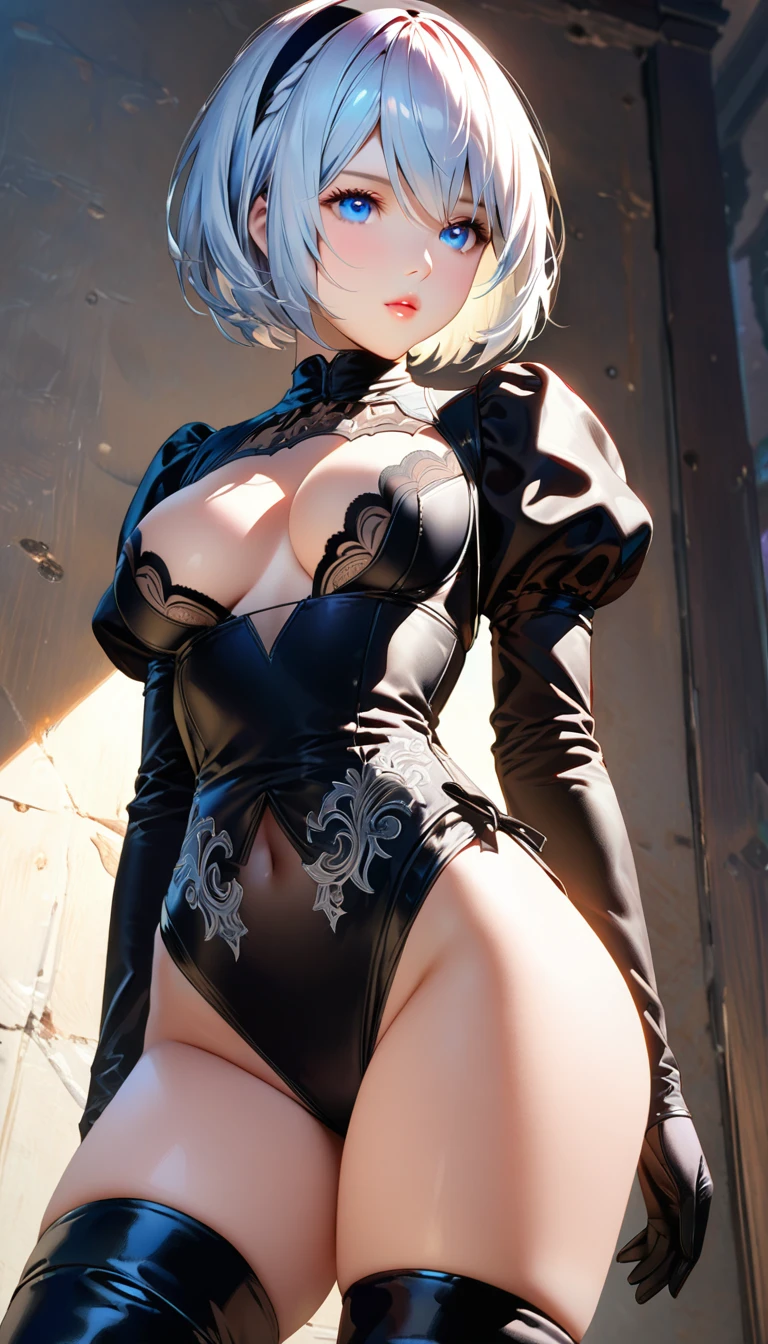 ((highest quality)), ((masterpiece)),(detailed),Perfect Face,One girl, Five Fingers,
Game Characters,2B,Yoruhano. 2 Type B,Nier Automata, 
Blindfold,Black eye mask,hair band, 
Super Beauty,Shiny silver hair,Short Bob Hair,High resolution,Second dimension beautiful girl,  
Big Ass,Big Breasts,glamorous_expensive_Tight waist_Long legs,curve, 
gleaming skin,Camel Toe,Juliet Sleeve,Puffy sleeves,Feather ornament,smile,Beautiful night sky, Meteors, Beyond the Clouds, Surrounded by water, reflection,Breathtakingly beautiful clouds,
