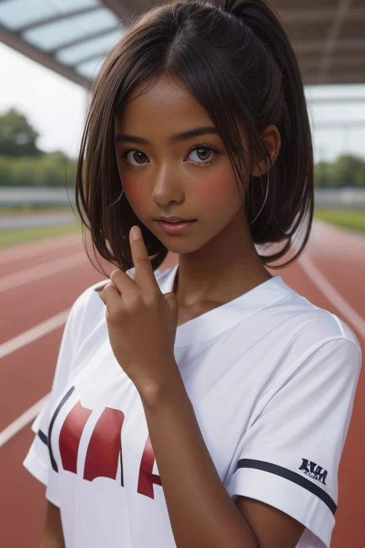 (((( one girl )))), Put your hand over your mouth、Beautiful breasts、 Brown eyes, ((Gal Hairstyles)) blonde, girl, (Eye and facial details:1.0), break, (masterpiece, Highest quality, Very detailed, Detailed face, 8k),( dark skin:1.8 ), (((( track and field uniform )))),( open mouth ),(((( 9歳 ))))