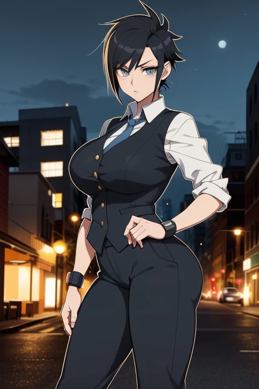 20 year old woman, busty, huge tits, round breasts, hourglass figure, bubble butt, slim, lanky, athletic build, skinny, confident expression, black hair, spiky hair, anime protagonist hair, messy hair, wearing navy blue waistcoat, white shirt, collared shirt, grey trousers, brown knee high boots, anime, night time, outside, punk, punk hairstyle, manga, flat colours, 2d manga, one robotic arm, cybernetic arm, prosthetic arm, steampunk, metal arm, prosthetic arm, steel prosthetic