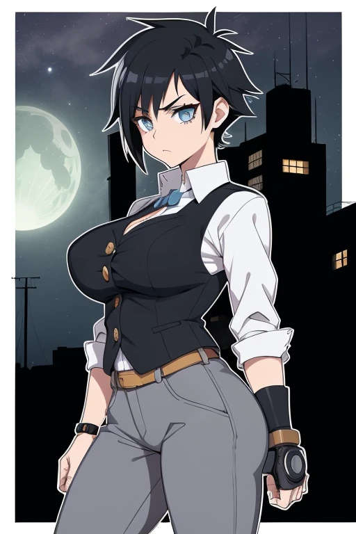 20 year old woman, busty, huge tits, round breasts, hourglass figure, bubble butt, slim, lanky, athletic build, skinny, confident expression, black hair, spiky hair, anime protagonist hair, messy hair, wearing navy blue waistcoat, white shirt, collared shirt, grey trousers, brown knee high boots, anime, night time, outside, punk, punk hairstyle, manga, flat colours, 2d manga, one robotic arm, cybernetic arm, prosthetic arm, steampunk, metal arm, prosthetic arm, steel prosthetic