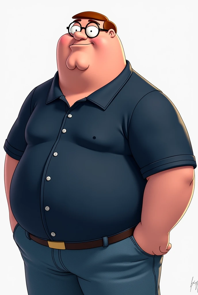 Peter Griffin in a navy blue button-down polo shirt and jeans