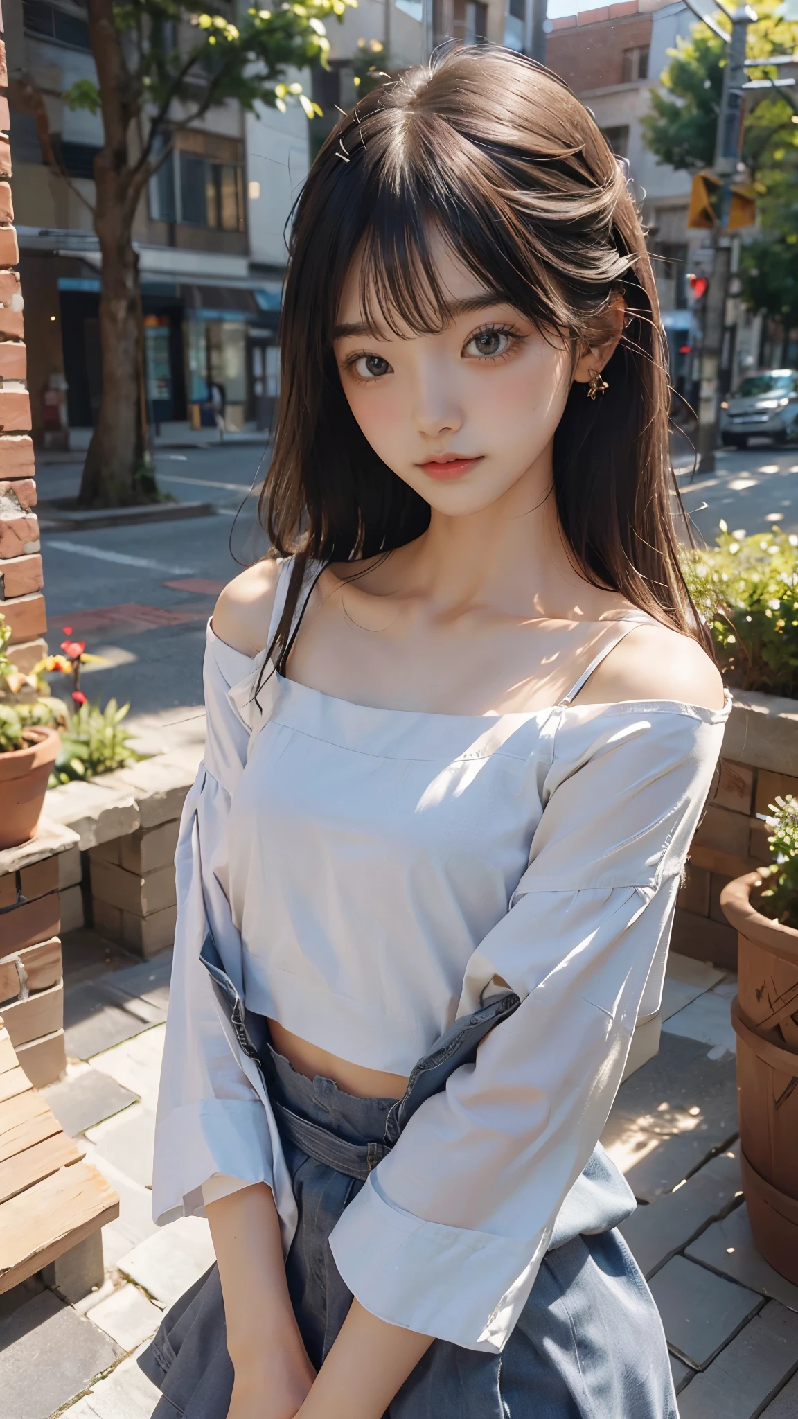 (realisticlying:1.4), offcial art, Unity 8k壁纸, ultra - detailed,Delicate detail skin,(Movie Angle),filmgrain,cinmatic lighting,Beautiful and beautiful, tmasterpiece,best qualityer,(Dark interior),Dark environment,table light,1girll,(looking at viewert),hands behind body,((messy hair)),bare shoulders,Beth,Hot summer,Moist,Sweat,Small head,Extra-cropped loose crop top,White thin off-the-shoulders
