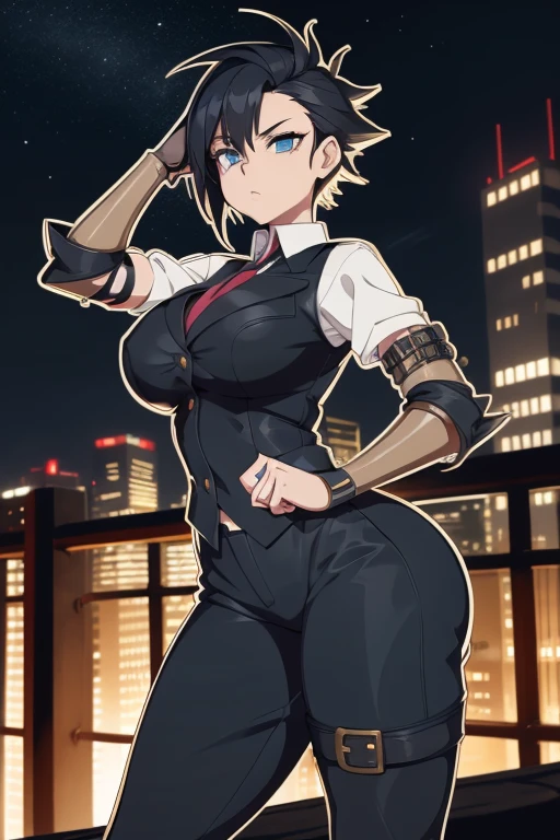 20 year old woman, busty, huge tits, round breasts, hourglass figure, bubble butt, slim, lanky, athletic build, skinny, confident expression, black hair, spiky hair, anime protagonist hair, messy hair, wearing navy blue waistcoat, white shirt, collared shirt, grey trousers, brown knee high boots, anime, night time, outside, punk, punk hairstyle, manga, flat colours, 2d manga, one robotic arm, cybernetic arm, prosthetic arm, steampunk, metal arm, prosthetic arm, steel prosthetic