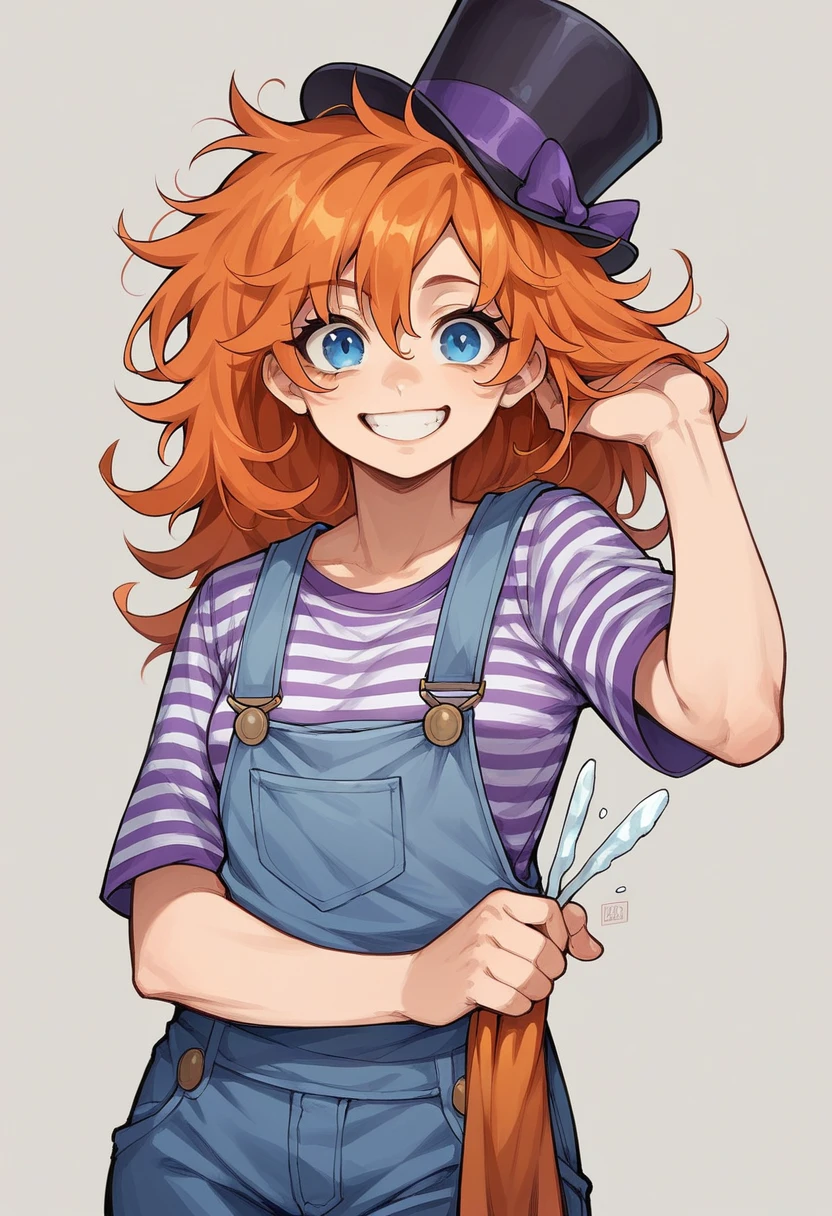 1girls, (orange hair, messy hair, icy-blue eyes, purple top hat, grey-and-white striped blouse, purple overalls, black plimsolls) (winking, smiling, S.O.S)