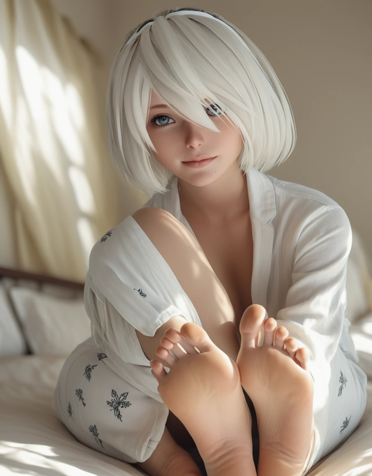 cinematic photo yorha2b,looking at viewer,sunny day,smirking,pajamas, bedroom . 35mm photograph, film, bokeh, professional, 4k, highly detailed. feet. feet focus, sole,