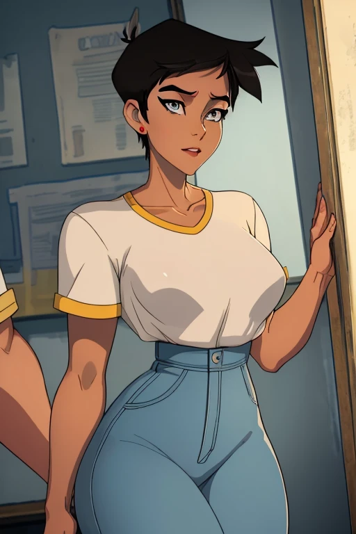 ((ultra quality)), ((masterpiece)), Lois Lane, short stature, ((black short hair tomboy hairstyle)), (Beautiful face), (beautiful female lips), (), charming, ((sexy facial expression)), looks at the camera, eyes slightly open, (light skin color), (light skin), glare on the body, ((detailed beautiful female eyes)), ((grey eyes)), (juicy female lips), (dark makeup, dark eyeliner, dark lipstick), (beautiful female hands), ((ideal female figure)), ideal female body, beautiful waist, gorgeous thighs, beautiful small breasts, ((subtle and beautiful)), sexy worth (), (White shirt, white jeans) ((depth of field)), ((high quality clear image)), (clear details), ((high detail)), realistically, professional photo session, ((Clear Focus)), anime