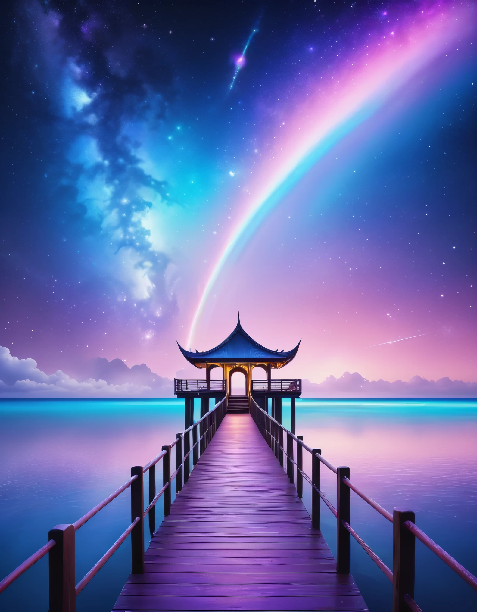 Fantasy pier under the stars、A pier made of sky and rainbows in space、Seven-colored pier、Dramatic skyscape、Detailed stars and galaxies、Magical atmosphere、Bright colors、Shining Light、Graceful、Mysterious、Cinematic、Intricate details、Fantasy art、Fantasy Illustration、Super fine、8k、High resolution、Highest quality、masterpiece:1.4