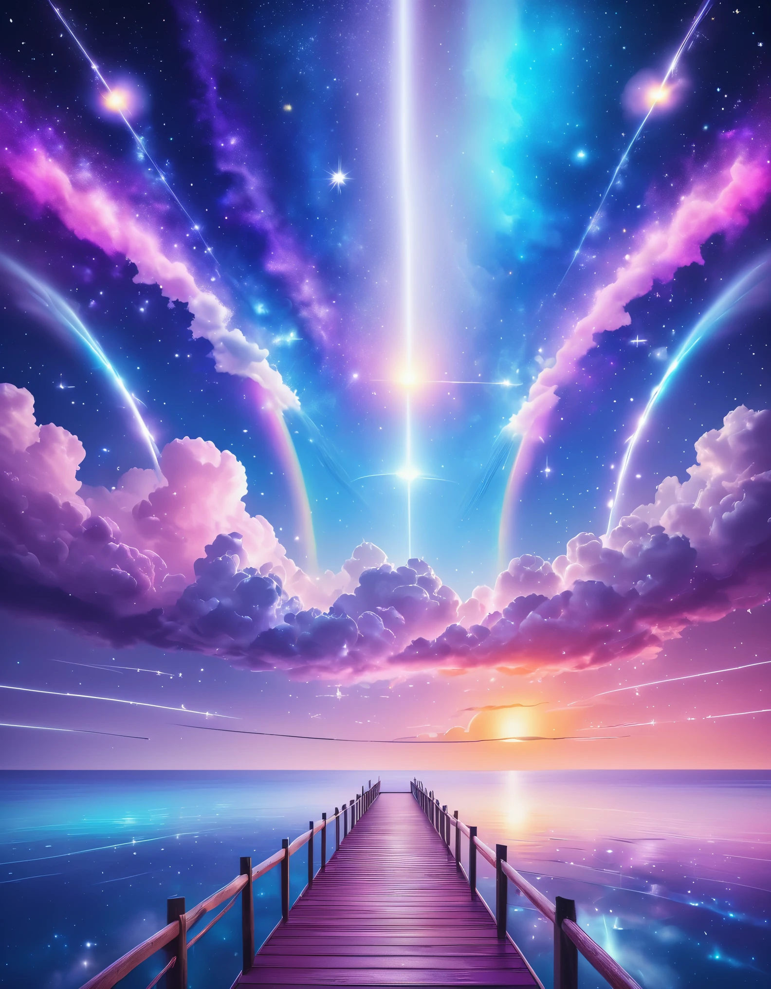 Fantasy pier under the stars、A pier made of sky and rainbows in space、Seven-colored pier、Dramatic skyscape、Detailed stars and galaxies、Magical atmosphere、Bright colors、Shining Light、Graceful、Mysterious、Cinematic、Intricate details、Fantasy art、Fantasy Illustration、Super fine、8k、High resolution、Highest quality、masterpiece:1.4