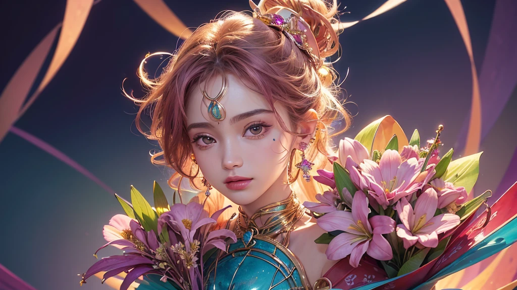 32K, 最高quality, 最高masterpiece, (ultra-Detailed Background, Detailed Background), High resolution, Super detailed, Very detailedな, 1 personの, (bouquet:1.3), (Tangled:1.2), (Geometric:1.2),(colorful),(masterpiece, quality, best quality, Official Art, Beautiful and beautiful:1.2), (1 person:1.3), Very detailed,(colorful:1.1)(Flowers:1.3),Most detailed,(Tangled:1.2), whole body, (Abstract background:1.3), (Skin glows), (Many colors:1.4), ,(Earrings Jewelry:1.5), Purple-red pale background, It's imaginative., Milk tea colored hair,