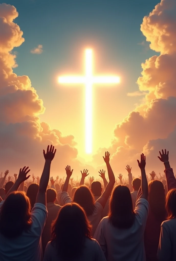 A Catholic music ministry logo called "Echoes of the Sky". A gleaming cross in the blue sky, with musical notes coming out of it and falling on people on earth praying. Cartoon logo format.