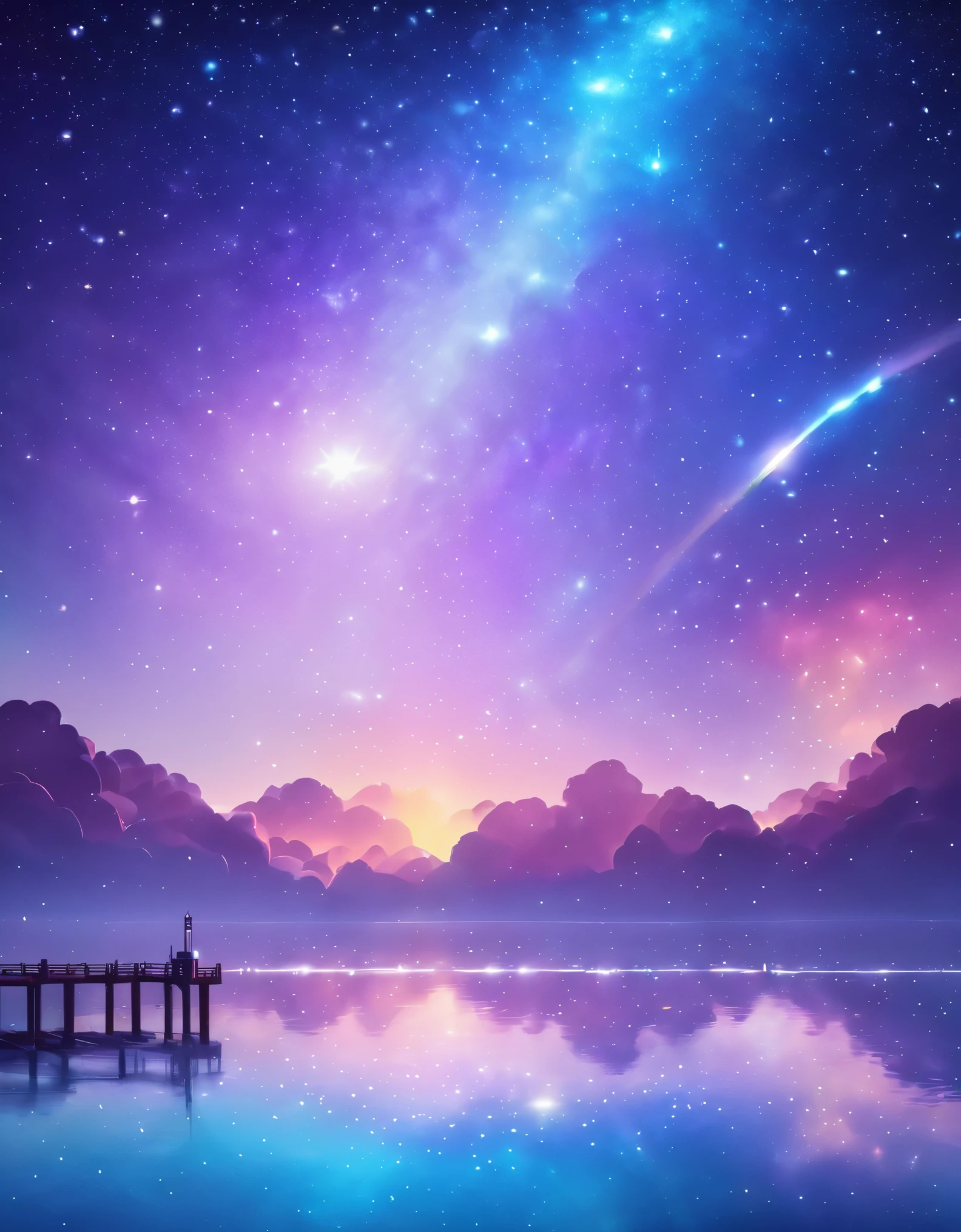 Fantasy pier under the stars、A pier made of sky and rainbows in space、Seven-colored pier、Dramatic skyscape、Detailed stars and galaxies、Magical atmosphere、Bright colors、Shining Light、Graceful、Mysterious、Cinematic、Intricate details、Fantasy art、Fantasy Illustration、Super fine、8k、High resolution、Highest quality、masterpiece:1.4