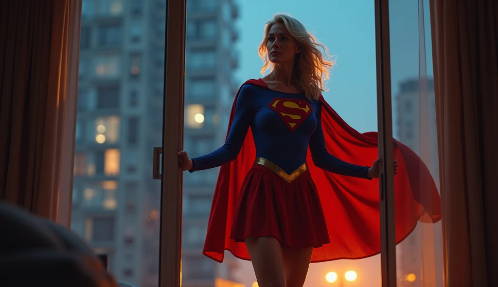 (((very beautiful old Supergirl (((1984s Supergirl movie costume))) Julie Hagerty))) Super oldwoman ; confident, powerful, indestructible, attractive; big and firm chest; strong breasts; floating outside a window; straight body; view from inside to outside, full body fluttering curtains, night, cinematic lighting, dramatic pose, beautiful detailed eyes, beautiful detailed lips, extremely detailed face and features, elegant, graceful, flowing cape, vibrant colors, hyperrealistic, 8k, high quality, intricate details, photorealistic, masterpiece